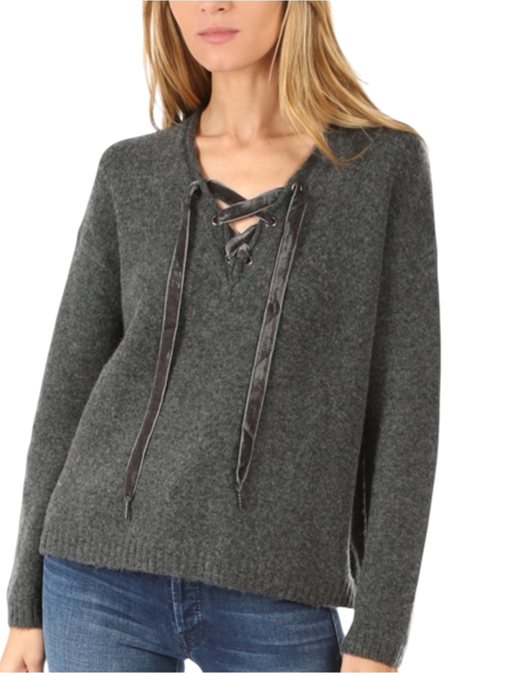 Rails Grey Amelia V-Neck Ribbon Tie Wool Cashmere Blend Sweater (XS/S)